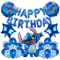 Set baloane aniversare Stitch albastru cu banner Happy Birthday si confetti