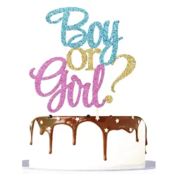Topper Tort Boy Or Girl Cu Sclipici Roz Albastru Și Auriu Pentru Gender Reveal