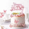 Set Topper Tort Happy Birthday Roz Glitter Cu Fluturi Decorativi Pe Un Tort Alb