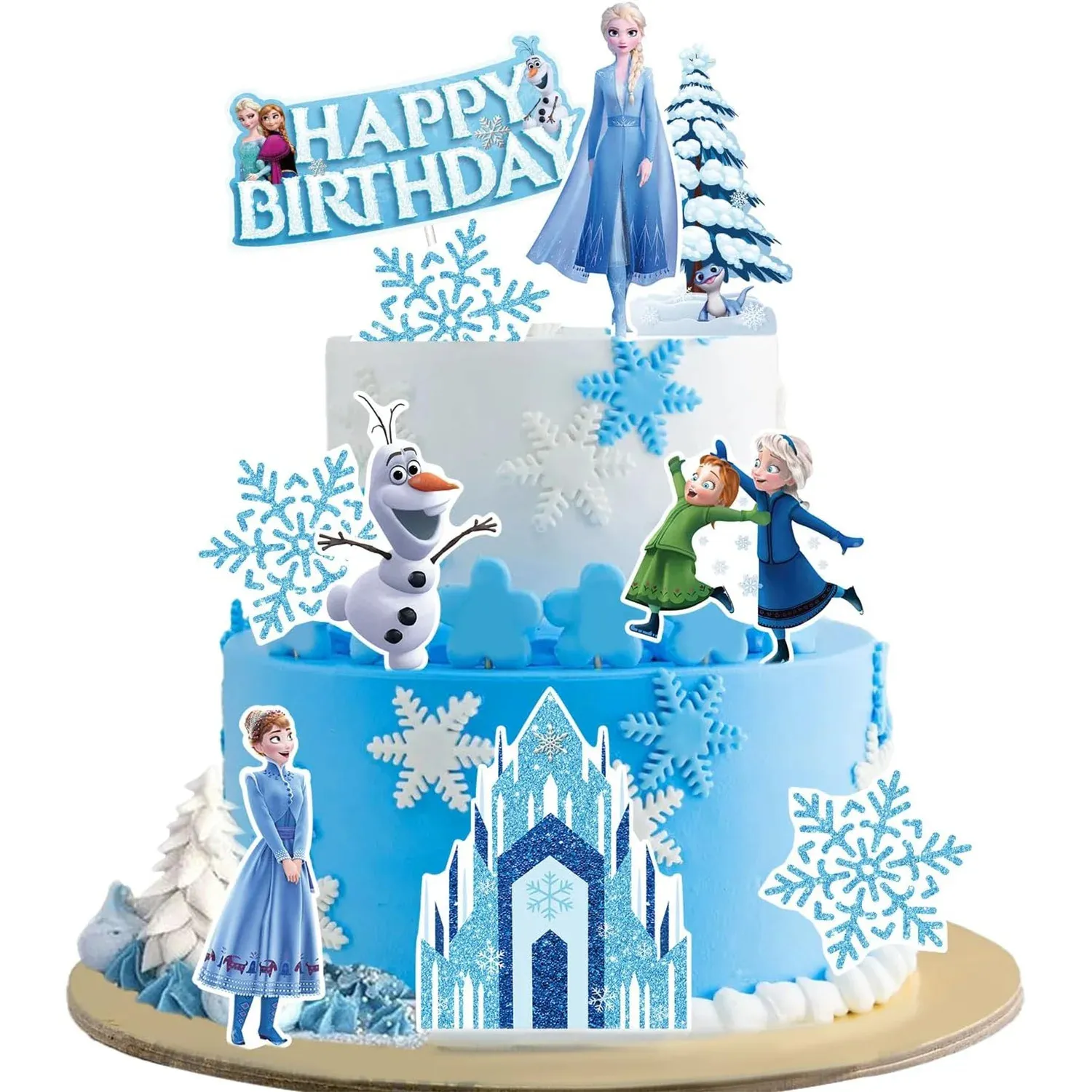 Tort aniversar decorat cu setul de 10 figurine tematice cu castel, fulgi de nea și prințese în nuanțe de albastru.