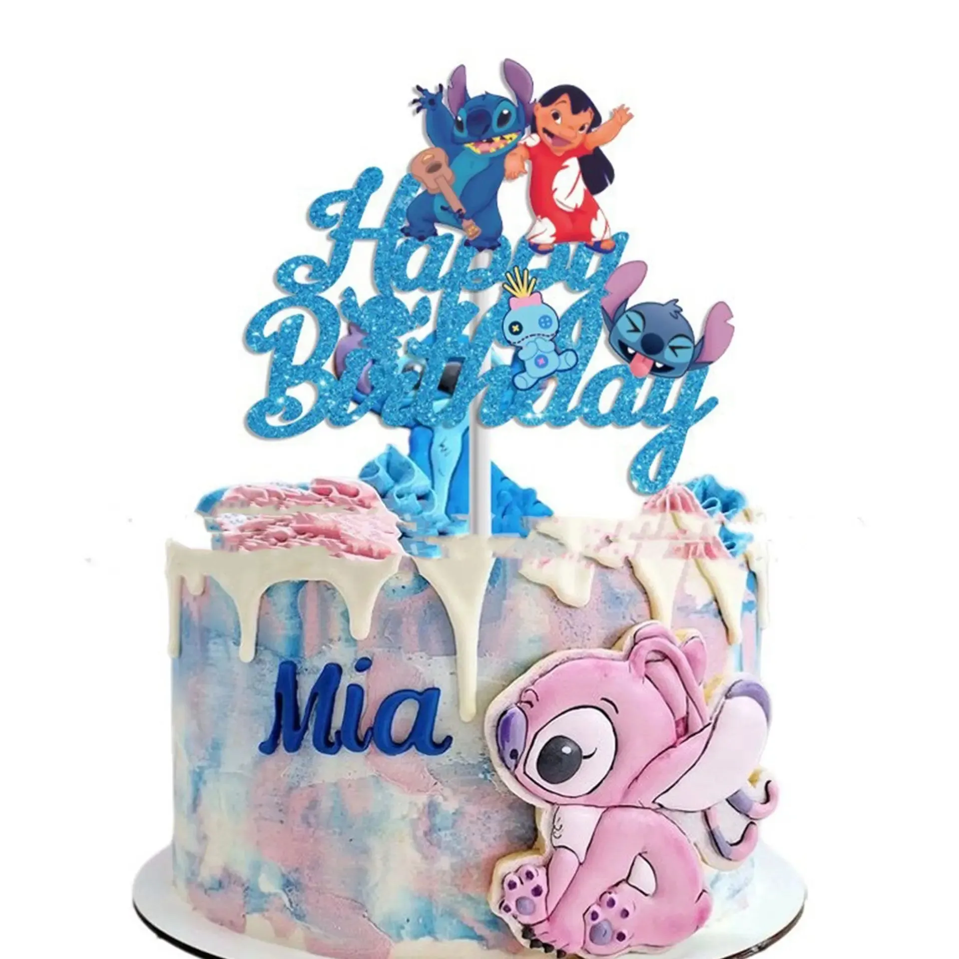 Topper Tort Happy Birthday Lilo Și Stitch Albastru Cu Sclipici Pe Tort Cu Personajul Angel