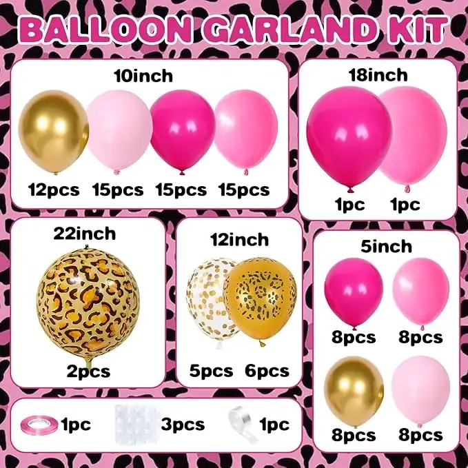 Tabel detaliat cu piesele dezumflate incluse intr-un set arcada baloane Safari Pink, sortate pe dimensiuni intre 13 cm si 55 cm.