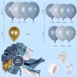 Tabel detaliat cu piesele dezumflate incluse intr-un set arcada baloane bleu si auriu, aratand cantitatile pentru nuantele de albastru prafuit si auriu.