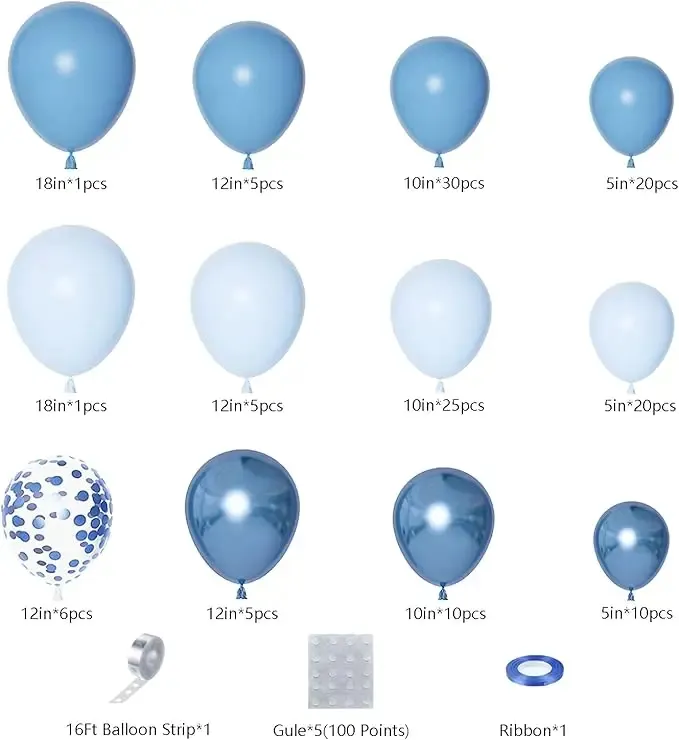 Tabel detaliat cu piesele dezumflate incluse intr-un set arcada baloane aniversare Shades of Blue, aratand cantitatile pentru baloanele pastel, cromate si confetti.