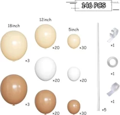 Tabel detaliat cu piesele dezumflate incluse intr-un set arcada baloane boho, aratand cantitatile pentru baloanele nude, caramel si albe.