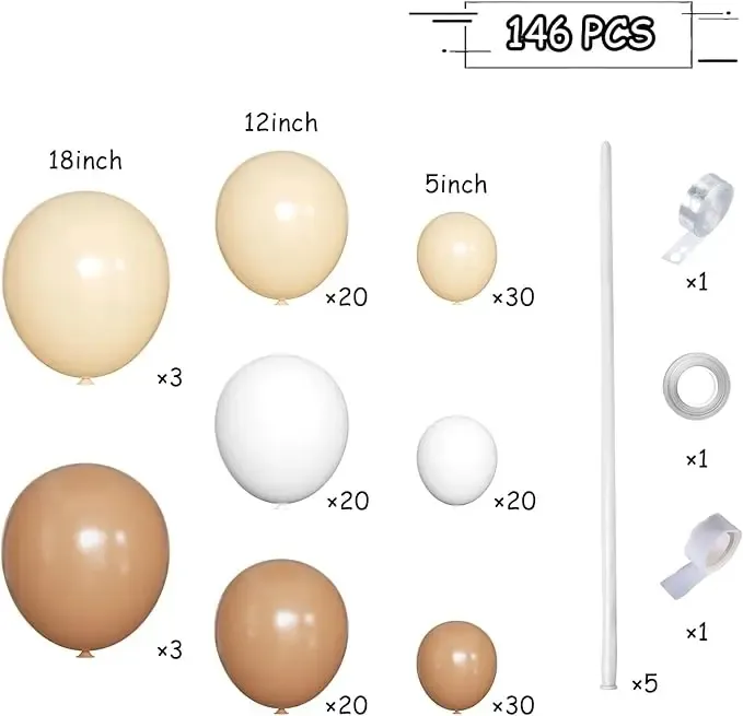 Tabel detaliat cu piesele dezumflate incluse intr-un set arcada baloane boho, aratand cantitatile pentru baloanele nude, caramel si albe.
