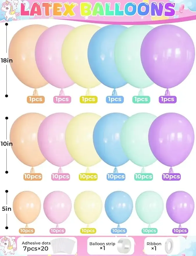 Tabel detaliat cu piesele dezumflate incluse intr-un set arcada baloane aniversare Macaron Pastel, aratand clar culorile curcubeu si dimensiunile.