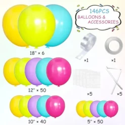 Tabel detaliat cu piesele dezumflate incluse intr-un set arcada baloane aniversare Tropical Neon, aratand cantitatile si culorile exacte.