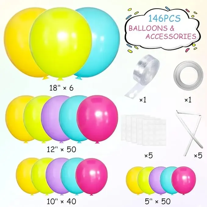 Tabel detaliat cu piesele dezumflate incluse intr-un set arcada baloane aniversare Tropical Neon, aratand cantitatile si culorile exacte.