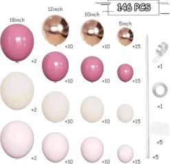 Tabel detaliat cu piesele dezumflate incluse intr-un set arcada baloane aniversare Rose Gold si Burgundy, aratand cantitatile si culorile exacte ale setului.