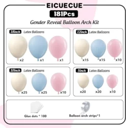 Tabel detaliat cu piesele dezumflate incluse intr-un set arcada baloane pastel mix, aratand cantitatile exacte pentru baloanele ivory, bleu si roz pe 4 dimensiuni.