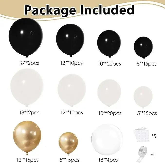 Tabel detaliat cu piesele dezumflate incluse intr-un set arcada baloane Black, White & Gold, aratand cantitatile pentru baloanele negre, albe, aurii si bobo.