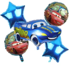 Set 5 baloane din folie tematica Cars cu figurina masina de curse albastra si stele