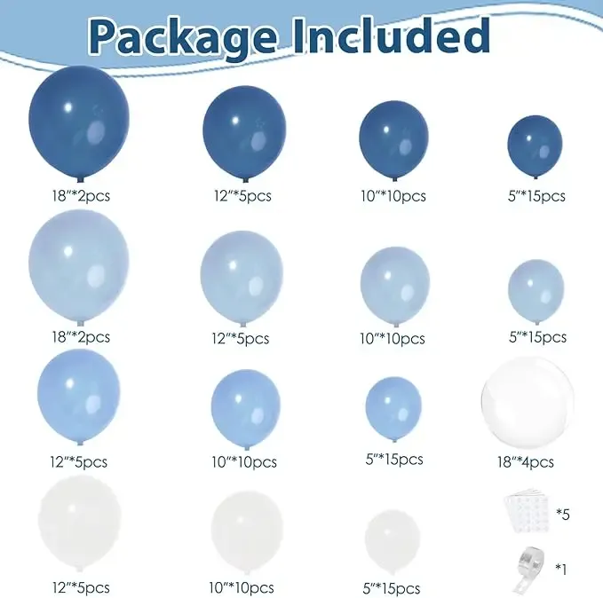 Tabel detaliat cu piesele dezumflate incluse intr-un set arcada baloane aniversare Deep Blue, aratand cantitatile pentru baloanele albastre, bleu, albe si Bobo.