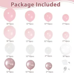Tabel detaliat cu piesele dezumflate incluse intr-un set arcada baloane aniversare Soft Pink & Rose Gold, aratand cantitatile pentru baloanele roz, blush, albe, metalizate si Bobo.