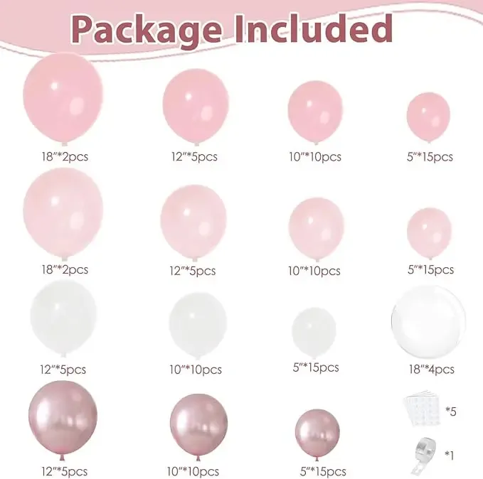 Tabel detaliat cu piesele dezumflate incluse intr-un set arcada baloane aniversare Soft Pink & Rose Gold, aratand cantitatile pentru baloanele roz, blush, albe, metalizate si Bobo.