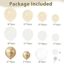 Tabel detaliat cu piesele dezumflate incluse intr-un set arcada baloane aniversare Boho Cream & Gold, aratand cantitatile pentru baloanele ivory, albe, champagne gold si Bobo.
