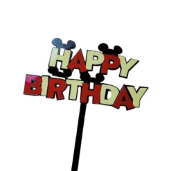 Topper Tort Mickey Mouse Happy Birthday Multicolor În Roșu Negru Și Alb Pe Fundal Galben