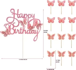 Alternative view of Set Topper Tort Happy Birthday Roz Glitter Cu Fluturi Decor Party TOP147