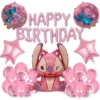 Set baloane aniversare Stitch roz cu banner Happy Birthday si confetti