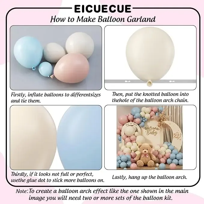 Prezentare eleganta pentru un set arcada baloane pastel mix, montat asimetric in culori de roz, bleu si ivory pentru un baby shower sau gender reveal.