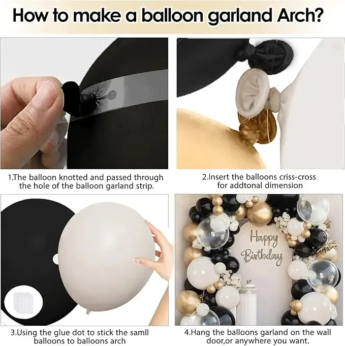 Prezentare eleganta pentru un set arcada baloane Black, White & Gold, montat asimetric cu baloane metalizate si transparente tip Bobo.