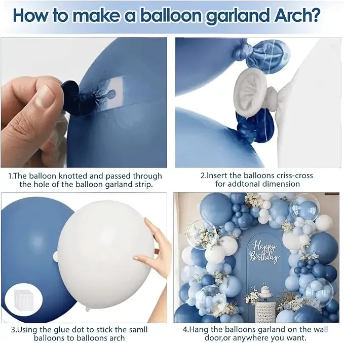 Prezentare eleganta pentru un set arcada baloane aniversare Deep Blue si Sky, montat asimetric cu baloane albastre, bleu si transparente Bobo.