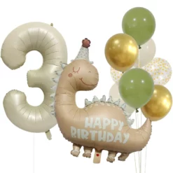 Set baloane aniversare 3 ani tematica dinozaur bej si verde salvie cu cifra 3 crem