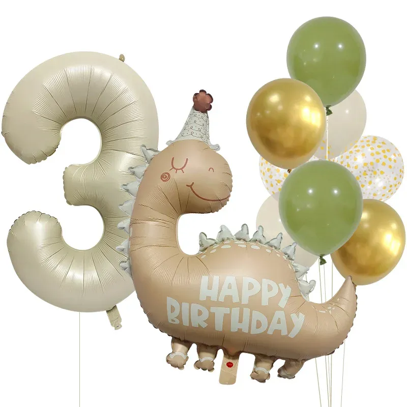 Set baloane aniversare 3 ani tematica dinozaur bej si verde salvie cu cifra 3 crem