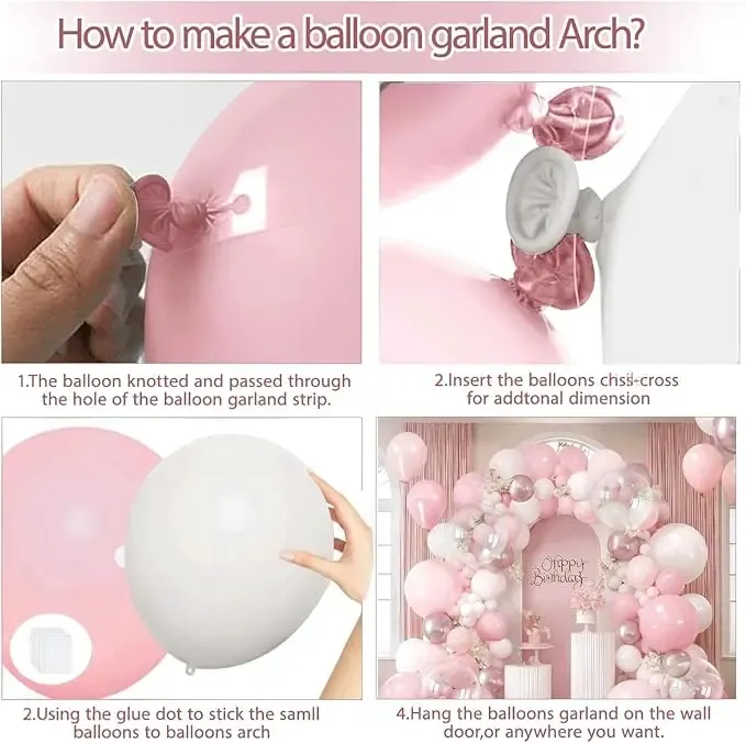 Prezentare eleganta pentru un set arcada baloane aniversare Soft Pink & Rose Gold, montat asimetric cu baloane roz pastel, blush, albe, rose gold metalizat si transparente Bobo.