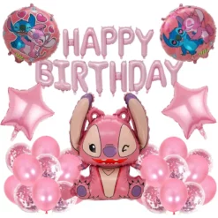 Set baloane aniversare Stitch roz cu banner Happy Birthday si confetti