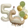 Set baloane aniversare 5 ani tematica dinozaur bej si verde salvie cu cifra 5 crem