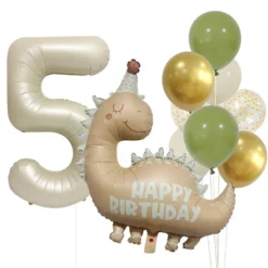 Set baloane aniversare 5 ani tematica dinozaur bej si verde salvie cu cifra 5 crem