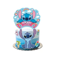Topper Tort Stitch Happy Birthday Cu Curcubeu Nori Și Flori De Hibiscus Pe Fundal Albastru