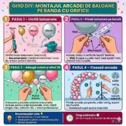 Ghid vizual in 4 pasi pentru montajul DIY al unei arcade de baloane pe banda cu orificii, incluzand umflarea, prinderea nodurilor, adaugarea de volum 3D si fixarea pe perete.