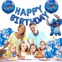 Set baloane aniversare Stitch albastru cu banner Happy Birthday si confetti