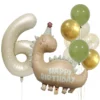 Set baloane aniversare 6 ani tematica dinozaur bej si verde salvie cu cifra 6 crem