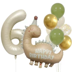 Set baloane aniversare 6 ani tematica dinozaur bej si verde salvie cu cifra 6 crem