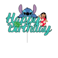 Topper Tort Happy Birthday Turcoaz Cu Sclipici Și Personajele Lilo Și Stitch