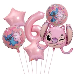 Set baloane aniversare 6 ani Stitch si Angel roz metalizat