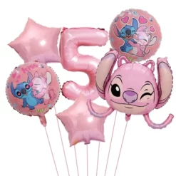 Set baloane aniversare 5 ani Stitch si Angel roz metalizat