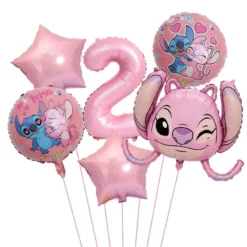 Set baloane aniversare 2 ani Stitch si Angel roz metalizat