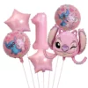 Set baloane aniversare 1 an Stitch si Angel roz metalizat