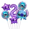 Set baloane aniversare 2 ani tematica Stitch cu cifra 2 mov si stele