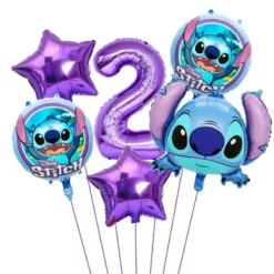 Set baloane aniversare 2 ani tematica Stitch cu cifra 2 mov si stele