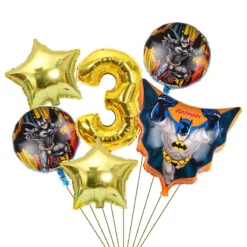 Set baloane aniversare 3 ani tematica Batman cu cifra 3 auriu si stele