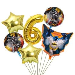 Set baloane aniversare 6 ani tematica Batman cu cifra 6 auriu si stele