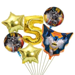 Set baloane aniversare 5 ani tematica Batman cu cifra 5 auriu si stele