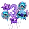 Set baloane aniversare 3 ani tematica Stitch cu cifra 3 mov si stele