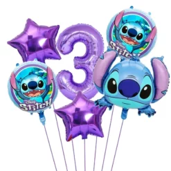 Set baloane aniversare 3 ani tematica Stitch cu cifra 3 mov si stele